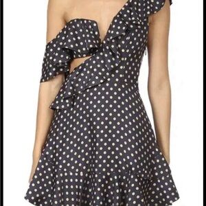 Zimmermann Navy One-Shoulder Dress with Cream Polka Dots size 1